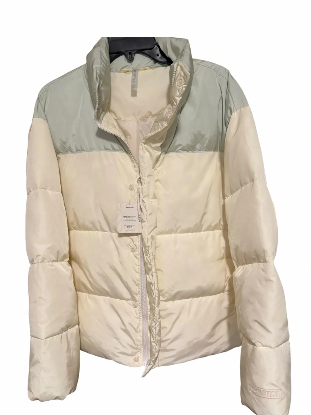 Fabletics Two-Tone Cropped Puffer Jacket in Bone & Faded Mint. NEW With tags